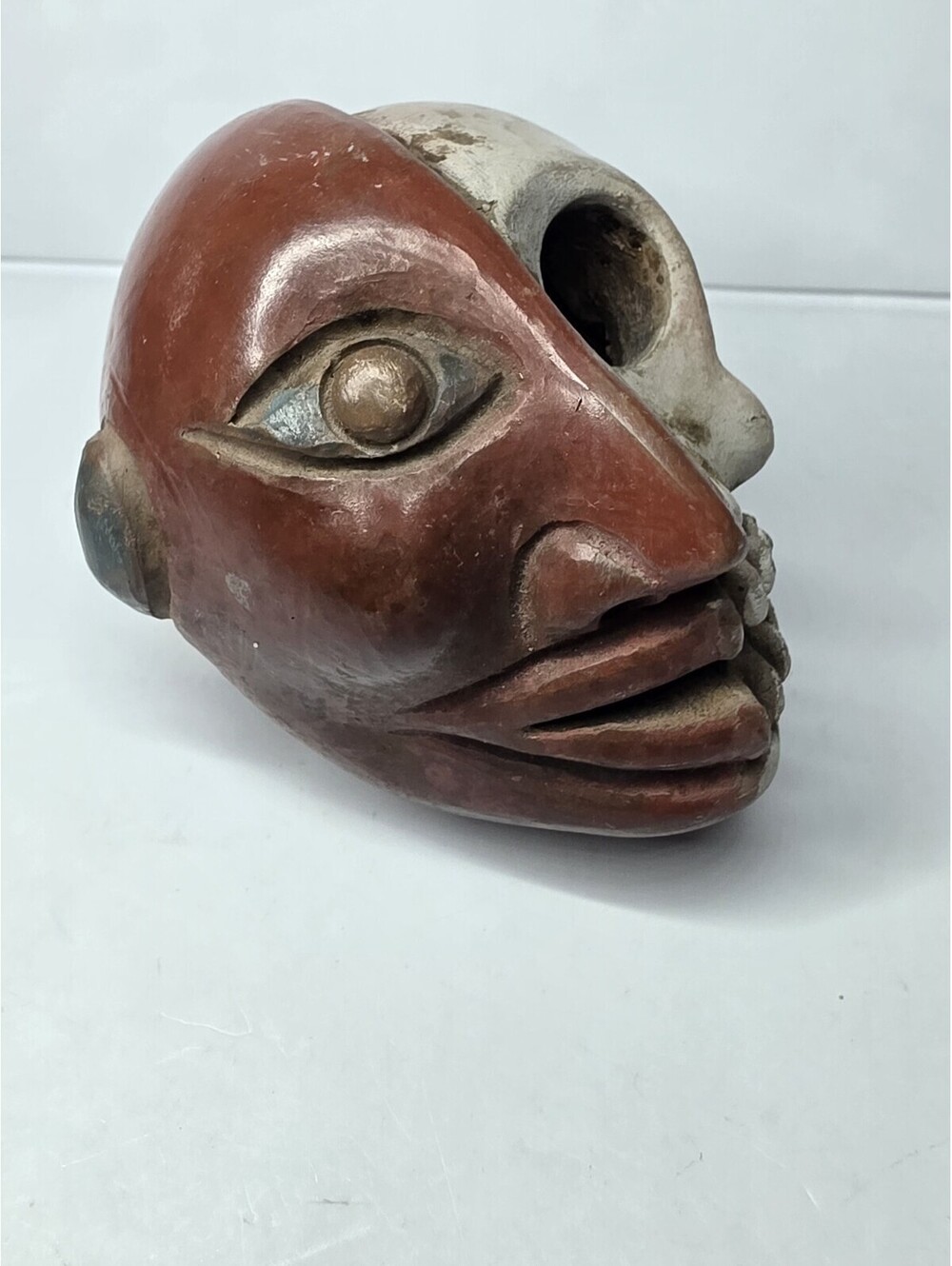 Vintage Mexican Pottery Flute Whistle Barro Dual Face Skull